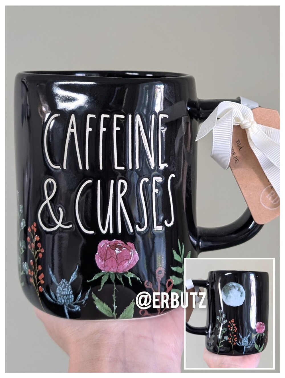 Rae Dunn CAFFEINE & CURSES Moon & Floral Halloween Mug 🌕🌸